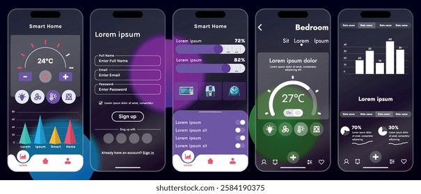 Sleek vector illustration of a smart home app interface displayed on a smartphone. The design features a glass base, modern icons and controls.