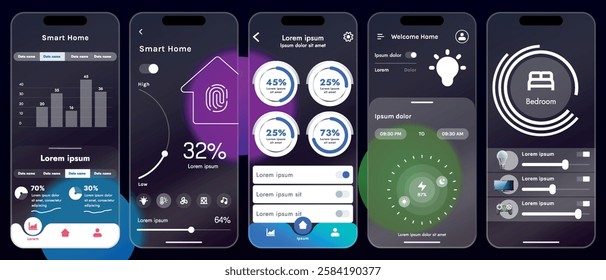 Sleek vector illustration of a smart home app interface displayed on a smartphone. The design features a glass base, modern icons and controls.
