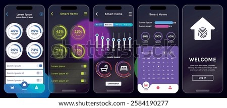 Sleek vector illustration of a smart home app interface displayed on a smartphone. The design features a glass base, modern icons and controls.