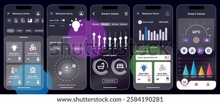 Sleek vector illustration of a smart home app interface displayed on a smartphone. The design features a glass base, modern icons and controls.