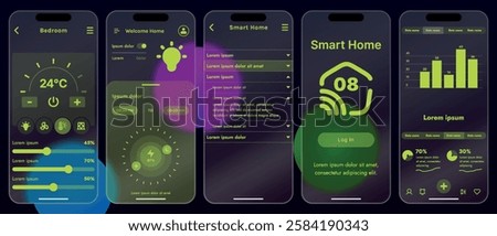 Sleek vector illustration of a smart home app interface displayed on a smartphone. The design features a glass base, modern icons and controls.