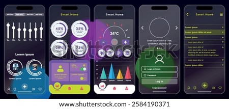 Sleek vector illustration of a smart home app interface displayed on a smartphone. The design features a glass base, modern icons and controls.