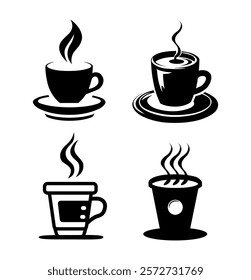 A sleek vector illustration of a steaming coffee cup with a saucer, outlined in a simple and modern design. Perfect as a logo or emblem for cafes, coffee shops, or restaurants