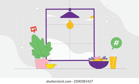 Sleek vector illustration of a tranquil home setting featuring a window view, plant, steaming tea, and a bowl of fruit, reflecting peaceful domestic life.
