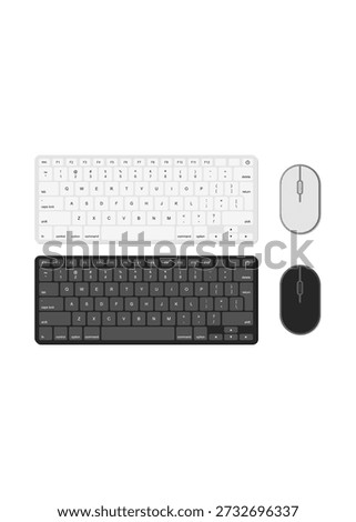 Sleek vector illustrations of a compact keyboard and mouse set in monochrome black and white minimalist styles.