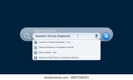 Sleek vector interface design of a web browser search engine bar featuring a query for quantum gravity research with auto-complete suggestions on a dark blue background.