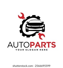 Sleek vector logo combining car parts and tools, ideal for auto repair branding.  