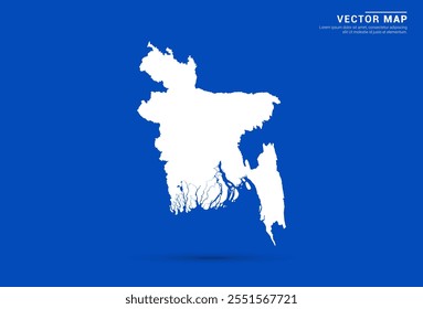 Mapa vetorial elegante de Bangladesh com um fundo azul vibrante e silhueta branca moderna. Ideal para projetos digitais, marcas de viagem, apresentações e conceitos de design criativo.