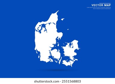 Sleek vector map of Denmark with a vibrant blue background and modern white silhouette. Ideal for digital projects, travel branding, presentations, and creative design concepts.