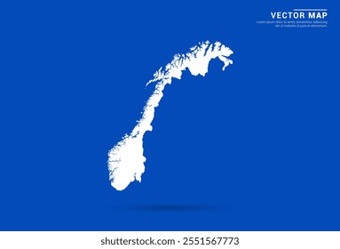 Elegante mapa de Vector de Noruega con un fondo azul vibrante y silueta blanca moderna. Ideal para proyectos digitales, branding de viajes, presentaciones y conceptos de diseño creativo.