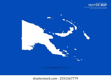 Mapa de Vector elegante de Papúa Guinea Nueva con un fondo azul vibrante y silueta blanca moderna. Ideal para proyectos digitales, branding de viajes, presentaciones y conceptos de diseño creativo.