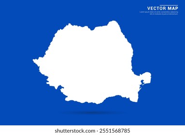 Sleek vector map of Romania with a vibrant blue background and modern white silhouette. Ideal for digital projects, travel branding, presentations, and creative design concepts.