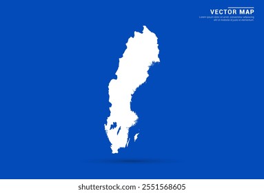 Sleek vector map of Sweden with a vibrant blue background and modern white silhouette. Ideal for digital projects, travel branding, presentations, and creative design concepts.