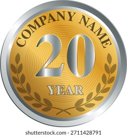 Un elegante medallón de Vector que celebra dos décadas de excelencia, con texturas metálicas, acentos de laurel y tipografía audaz en un formato de insignia atemporal.
