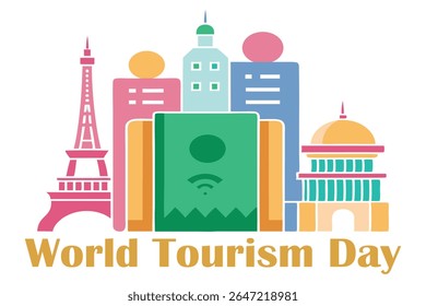 Vetor elegante de um passaporte com silhuetas sutis de marcos do mundo como a Torre Eiffel, Taj Mahal, e Estátua da Liberdade. Design mínimo, paleta pastel e linhas limpas no fundo branco.