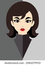  A sleek vector portrait of a confident woman with bold makeup, dark hair, and a high-collar outfit. Ideal for fashion, branding, avatars, profile icons, editorial design, and digital art.