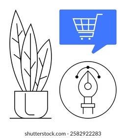 Sleek vector potted plant with three large leaves, e-commerce shopping cart in blue dialogue box, pen tool symbol in circular design. Ideal for e-commerce, digital design, web development, online