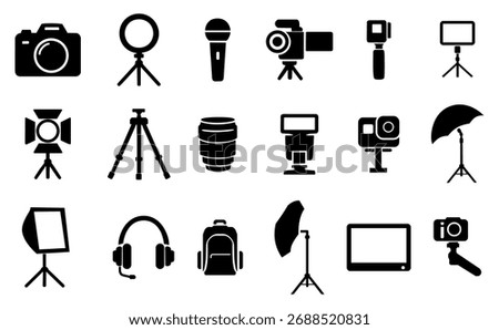 A sleek vector set of 20 black silhouette icons showcasing key photography and videography gear, perfect for creators and designers across digital, print, and educational media.