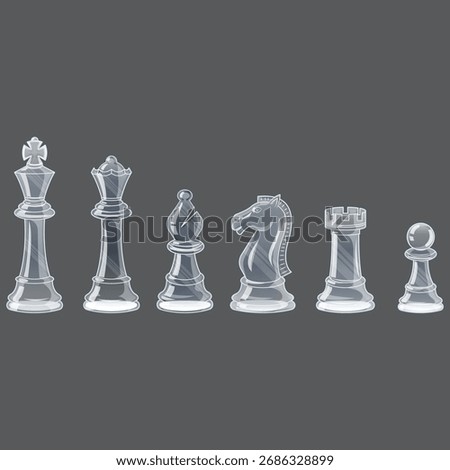 Sleek vector set of transparent glass chess pieces. Ideal for modern game designs, luxury branding, or strategy visuals. Fully scalable and editable for versatile use.