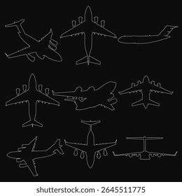 Aviões elegantes de estilo vetorial destacam-se contra um fundo preto intenso, criando um contraste arrojado. O design limpo e nítido destaca a silhueta de cada aeronave com linhas nítidas e mínimas.