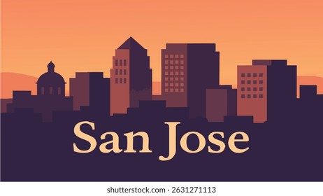 A sleek vector-style illustration of San Jose's downtown skyline with views of the surrounding mountains and the bustling Silicon Valley, blending urban life with technology