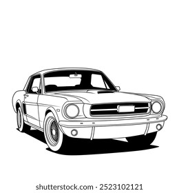 A sleek, vintage muscle car depicted in black and white, showcasing its iconic design and clean lines