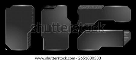 Sleek virtual frame design with black and white digital HUD window. Cyber dashboard interface blends infographic elements with holographic sci fi layout in modern style.