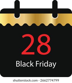 Un elegante icono de calendario de pared diseñado para las promociones del Black Friday. Cuenta con un fondo negro audaz con un elegante borde de onda de oro y cuerdas colgantes.