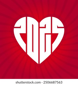 Sleek white 2025 forms a heart on vibrant red. Radiating energy of anticipation. Perfect for New Year's designs, romance or futuristic events. Merge of time and emotion in one striking symbol.