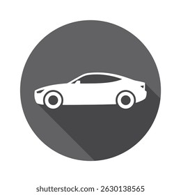 Sleek, white car vector graphic on a gray circular background, casting a long shadow. Minimalist design suitable for car apps and related themes.