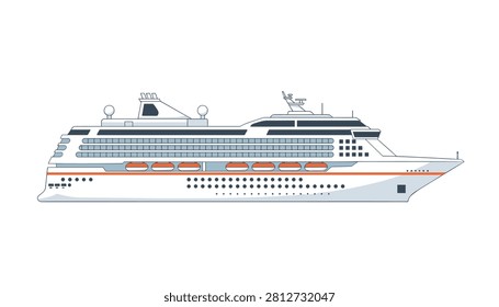 Sleek white cruise ship with multiple decks and orange stripe designed for luxurious international sea travel.
