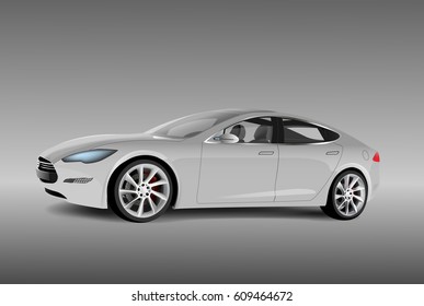 Sleek white electric car studio shot isolated on clean gray background presenting modern vehicle design