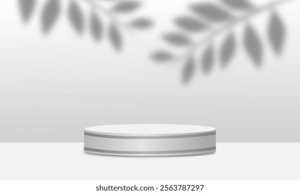 A sleek white podium with subtle shadows and a natural touch, featuring blurred leaf patterns in the background