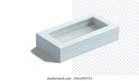 Sleek White Rectangular Box Mockup with Transparent Lid. Modern white rectangular box with a transparent lid, perfect for showcasing product packaging designs. Vector illustration