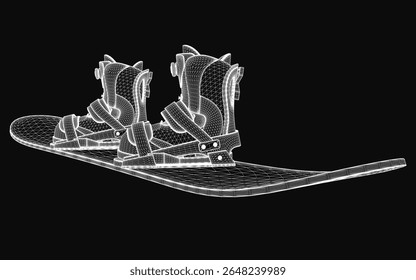 A sleek white snowboard rendered in high-quality 3D stands out against a dark black background. The realistic texture and detailed edges highlight its modern design.