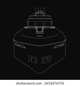 Um iate branco elegante é delineado em contraste preto e branco em negrito contra um fundo escuro. O desenho minimalista destaca curvas elegantes e linhas limpas.