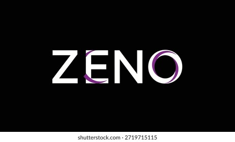 A sleek white 'ZENO' text logo is presented against a stark black background. The letter 'O' is creatively replaced by a stylized purple swirl