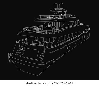 A sleek white-outlined yacht stands boldly on a black background in this striking black and white drawing. The crisp lines highlight the boat's elegant design and powerful structure.
