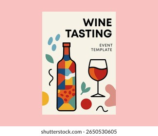 Sleek Wine Tasting Event Template with Bottle and Glass in a Modern Vector Illustration Design. Vector illustration.