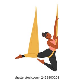 Personaje De Mujer Elegante Se Equilibra En Una Hamaca, Suspendida En El Aire, Mientras Realiza Una Posada De Yoga Aéreo, Su Cuerpo Elegantemente Contorneado, Exudando Tranquilidad Y Fuerza. Ilustración vectorial de personas de dibujos animados