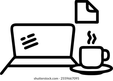 A sleek workspace with a laptop financial documents and a cup of coffee on a glossy white desk captured with a smooth pan to highlight productivity. concept as Showcases a modern workspace setup empha
