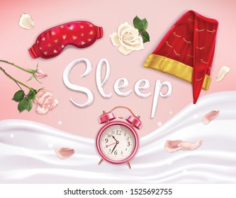Sleep accessories composition of realistic images with soft linen flowers and alarm clock with editable text vector illustration