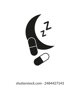 Sleep aid vector. Black and white. Moon, pills, and Zs. Simple healthcare icon.