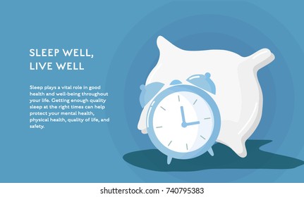 Sleep And Alarm Clock Concept Vector Flat Poster Design. Illustration With Place For Text