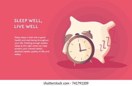 Sleep And Alarm Clock Concept Vector Flat Poster Design. Illustration With Place For Text