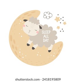 Sleep all day. Cartoon sheep, moon, hand drawing lettering, decoration elements. flat style illustration. design for print, poster, card