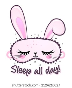 Dormir todo el día - divertido garabato dibujado a mano. máscara para dormir, estrellas, corazones. Fondo de dibujos animados, textura para las sábanas, pijamas. Adorable Bunny máscara para dormir con largos latigazos.