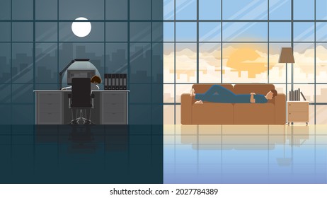 Sleep all time of burnout employee salaryman. Overnight working office people sleep at night in the company. Lie down all day on the sofa in the living room. A lazy person who is tired lacks energy.