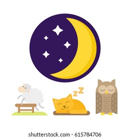 Sleep animals icon vector illustration sleeping owl and cat set