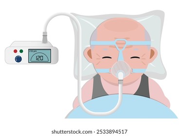 Sleep apnea elder man with oxygen mask fitted over a head.Continuous positive airway pressure.Obstructive sleep apnea.people lying on bed.Cpap mask.Patient in hospital cpap therapy.medical